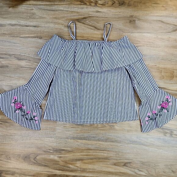 🔺️BCX Striped Off Shoulder Embroidered Floral Bell Sleeve Top Small - Picture 5 of 12